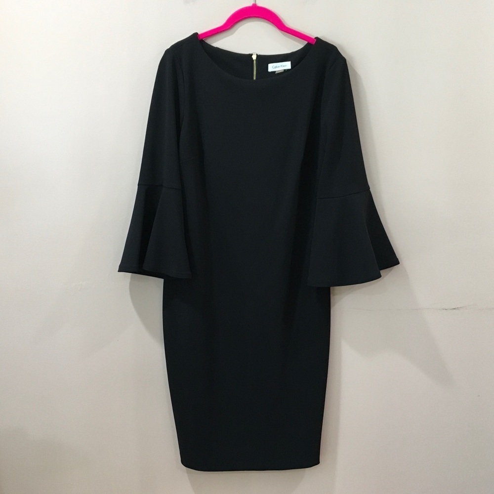Calvin Klein Women 10 Black Sheath Dress Flare Sleeve Crepe Stretch Classic Work